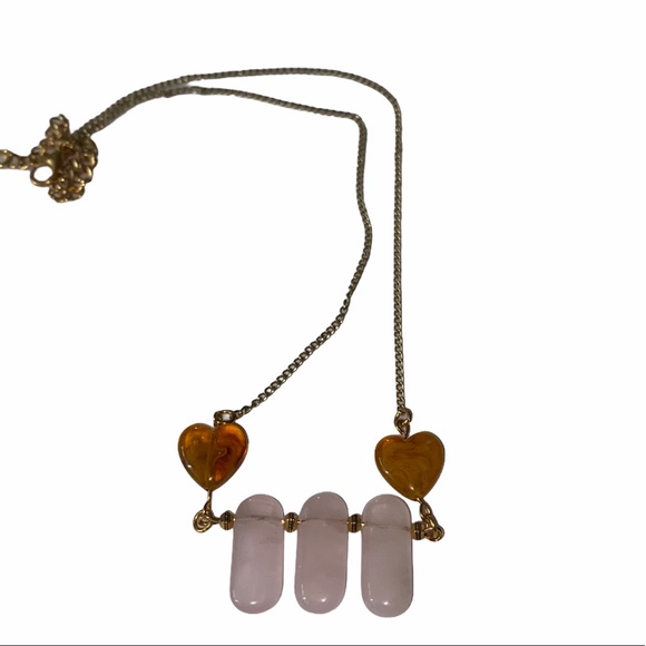 Hand Crafted Jewelry - Hand Crafted Necklace Rose Quartz & Hearts Pink Yellow Chain Long Statement